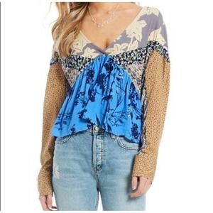 Free People Mixed Floral Print Patchwork Peplum V-Neck Long Sleeve Top Large